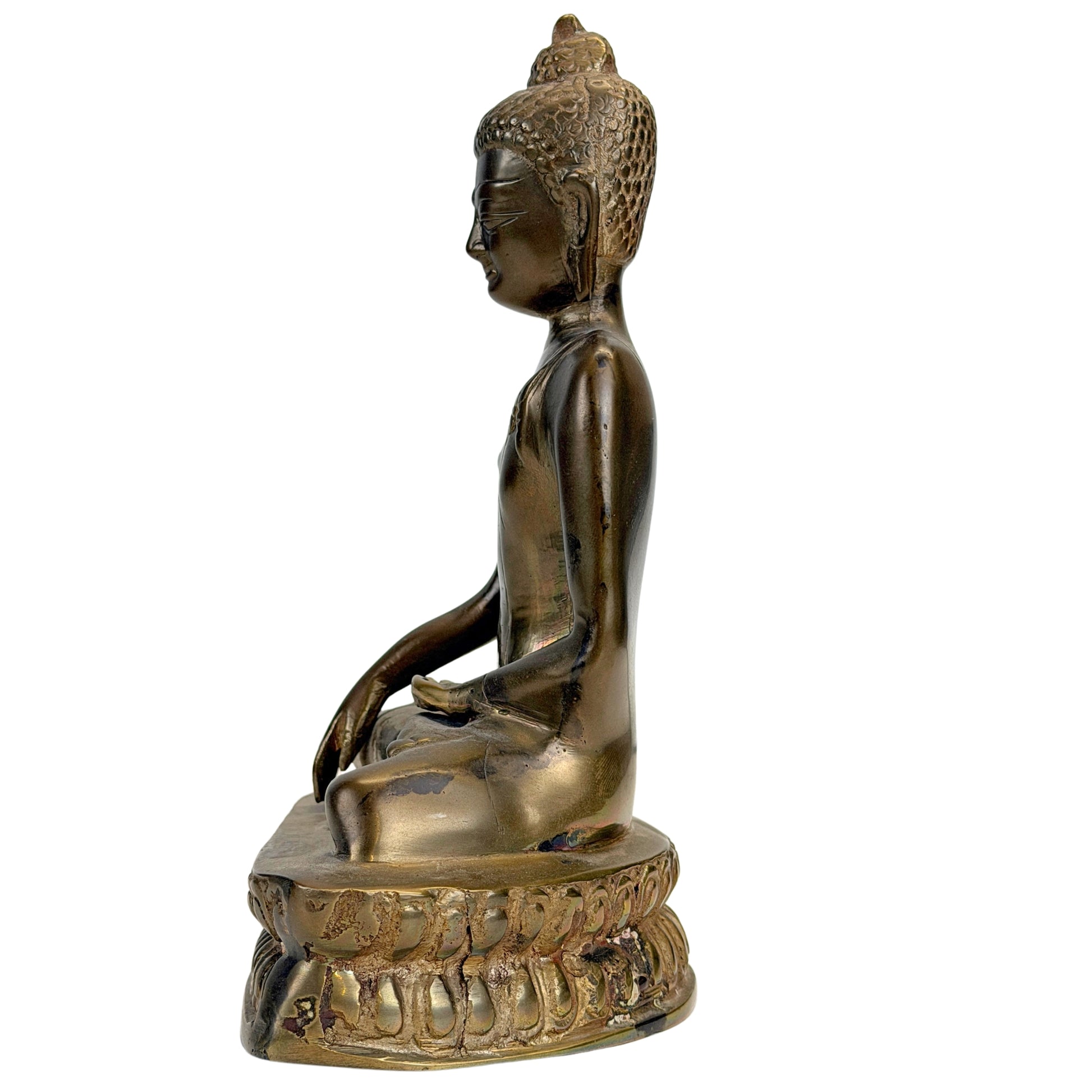 Seitenansicht einer antiken tibetischen bronzenen Buddha aus dem 19. Jahrhundert