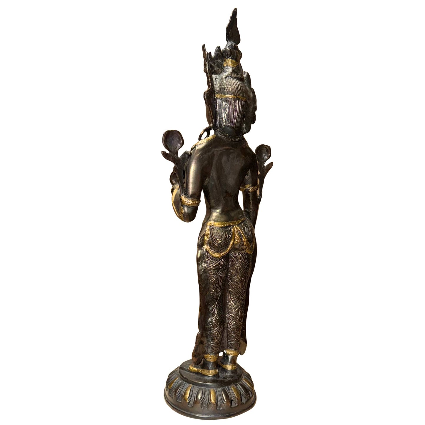 Tibetische Bronze-Tara mit dunkler Patina und antiken Goldakzenten in den Details