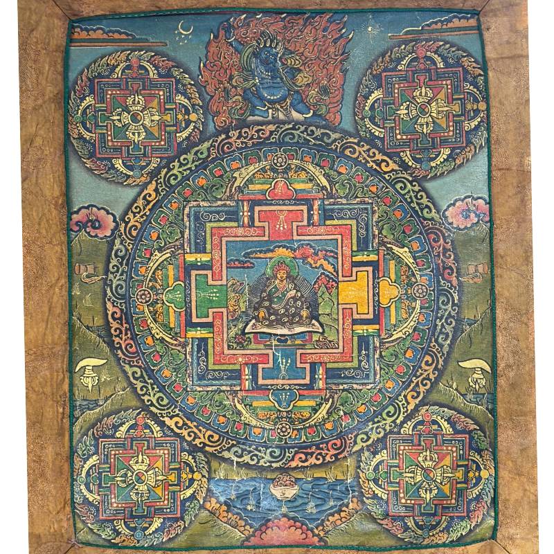 Tibetische Mandala-Thangka mit Padmasambhava, umgeben von buddhistischen Figuren