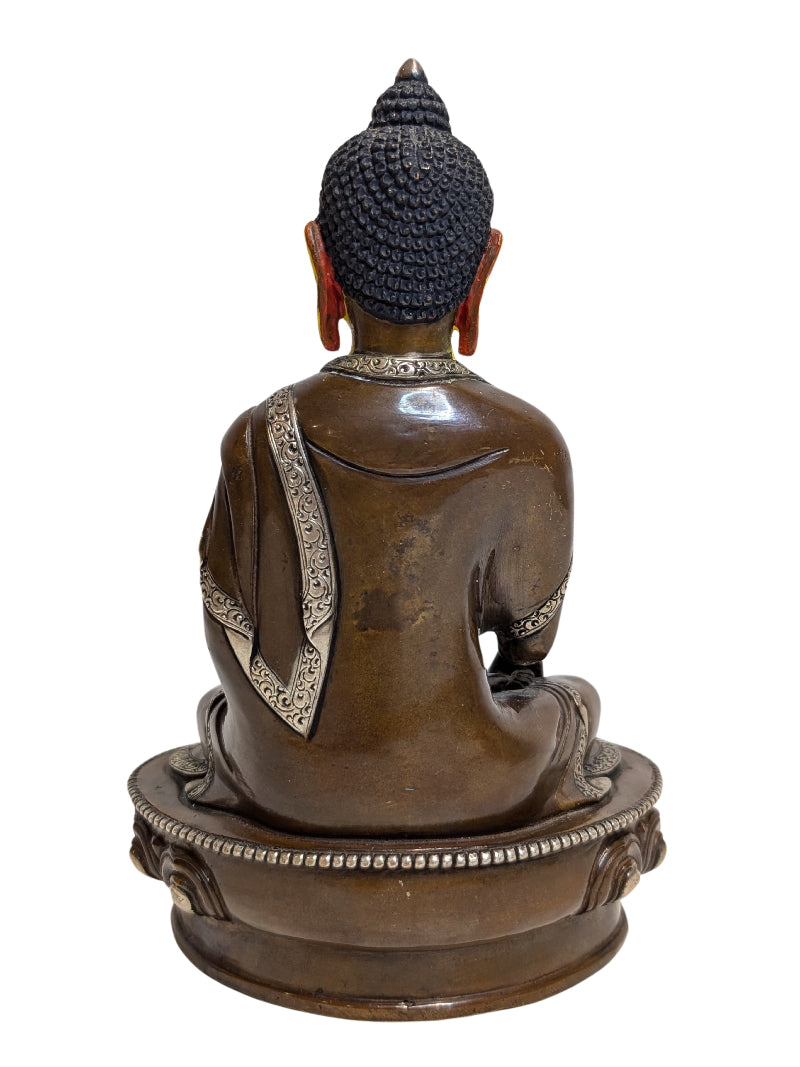 Tibetischer Medizinbuddha Bhaisajyaguru, sitzend auf einem Lotusfuß, Bronzestatue aus einem Tempel