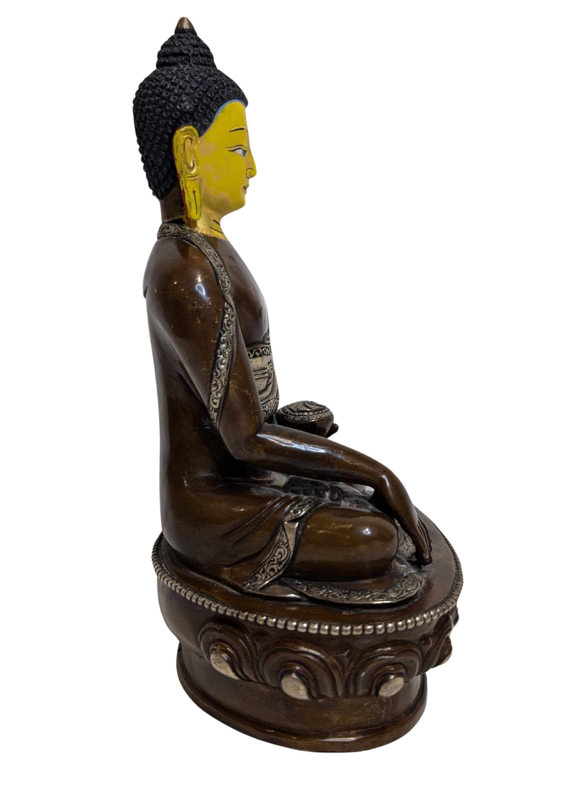 Tibetische Bronzestatue des Medizinbuddhas in Dhyana-Mudra mit geschlossenem Boden