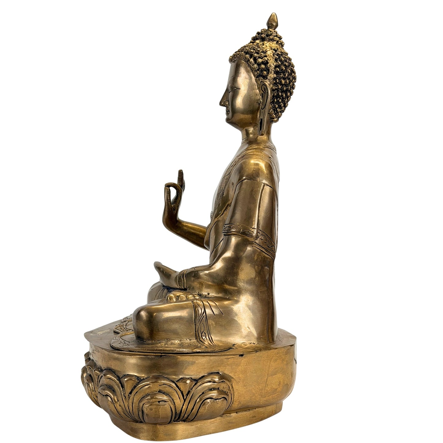 Linkerzijaanzicht van de bronzen Shakyamuni Boeddha op een lotusvoet