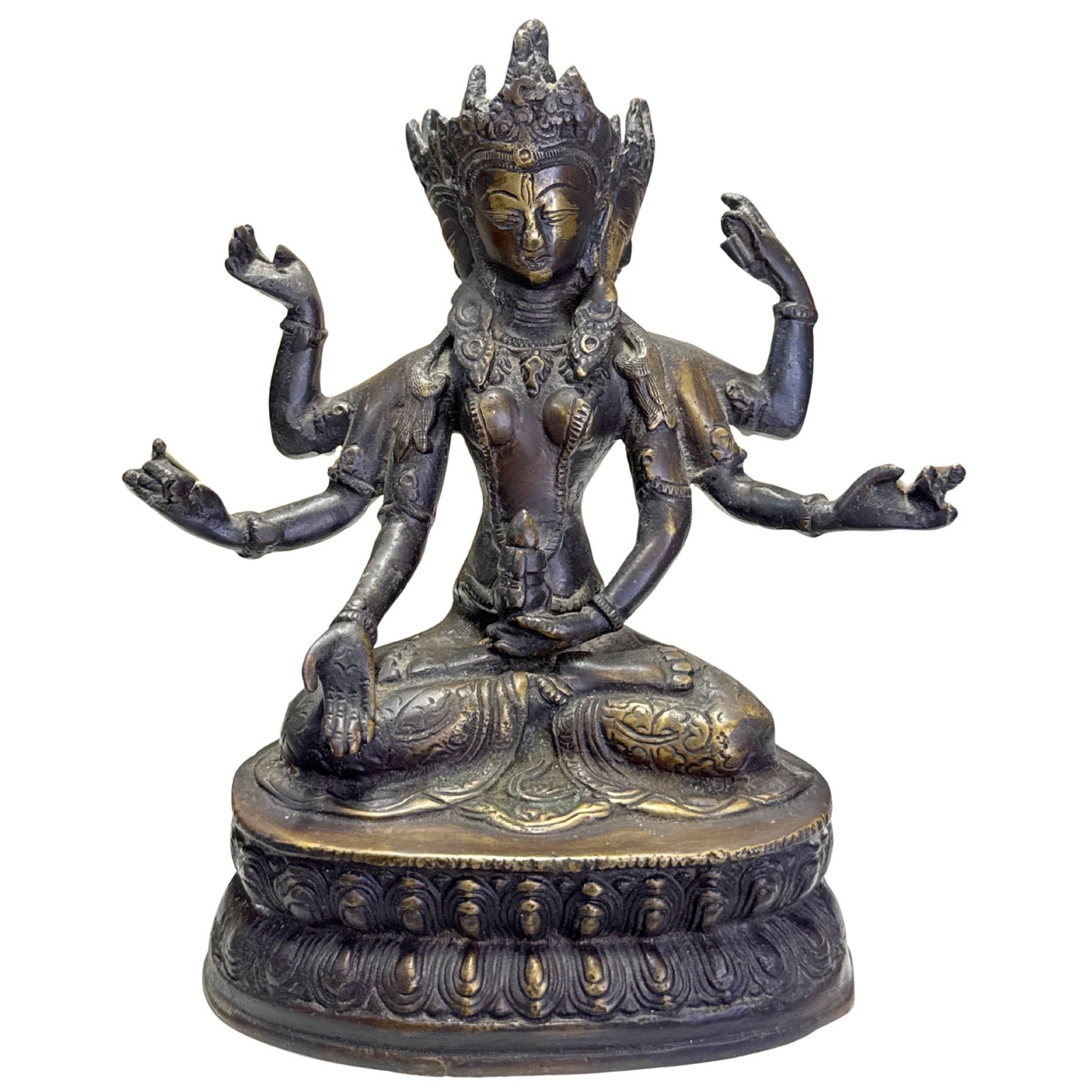 Tibetische Ushnishavijaya-Göttin aus Bronze mit dunkler Patina und vergoldeten Details