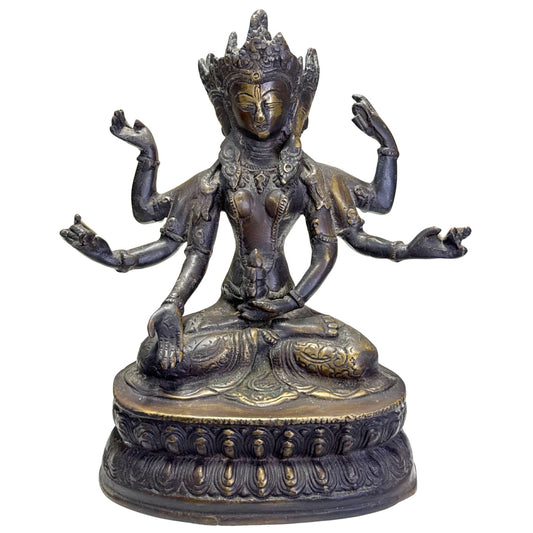 Tibetische Ushnishavijaya-Göttin aus Bronze mit dunkler Patina und vergoldeten Details