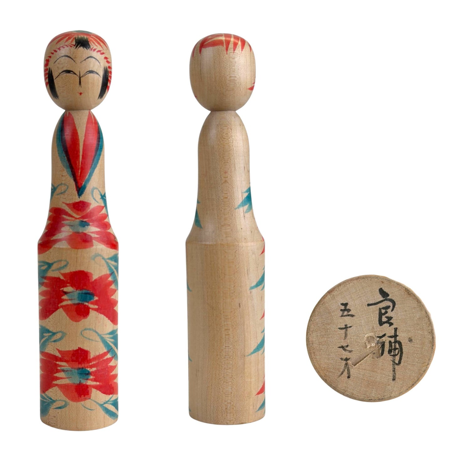 Togatta Kokeshi von Yoshio Ogasawara, Frontal- und Seitenansicht