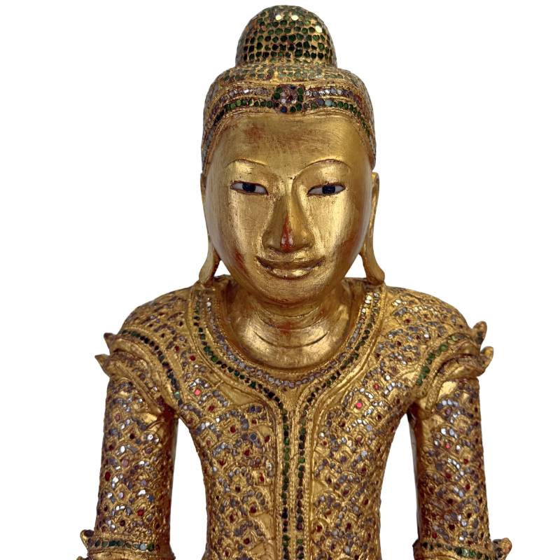 Traditionelle, handgefertigte Buddha-Statue aus Holz mit Gold- und Glasintarsien.