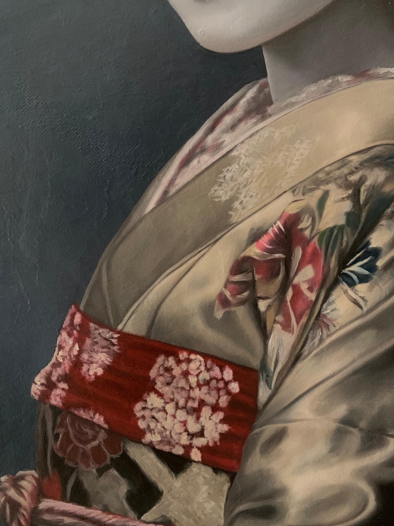 Eine Geisha, dargestellt im klassischen japanischen Stil von einem spanischen Maler.