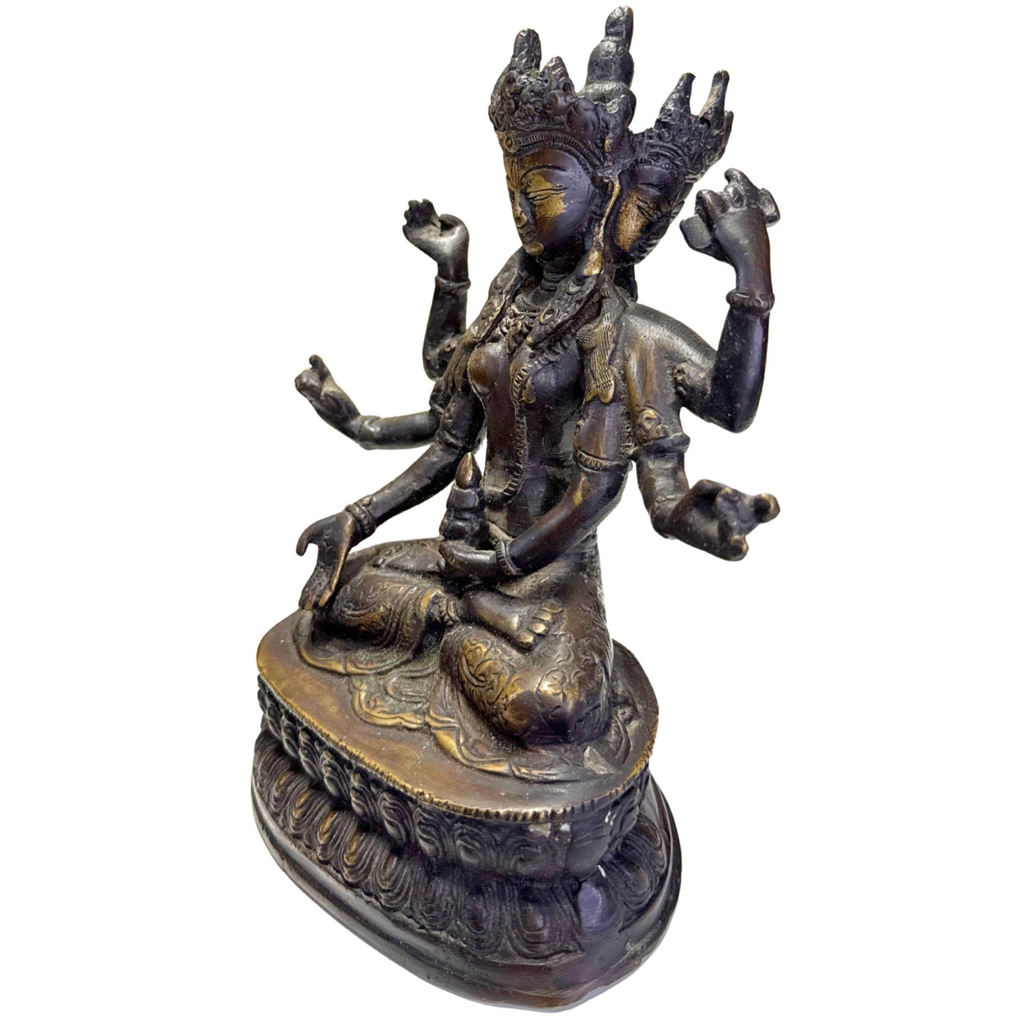 Ushnishavijaya-Bronzefigur mit vergoldeten Details, mehrarmiger Darstellung und buddhistischem Schutz