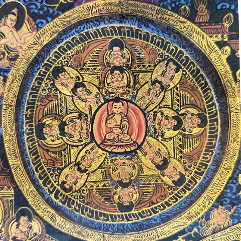 Feine goldene Linienführung im Vajradhatu-Mandala-Thangka