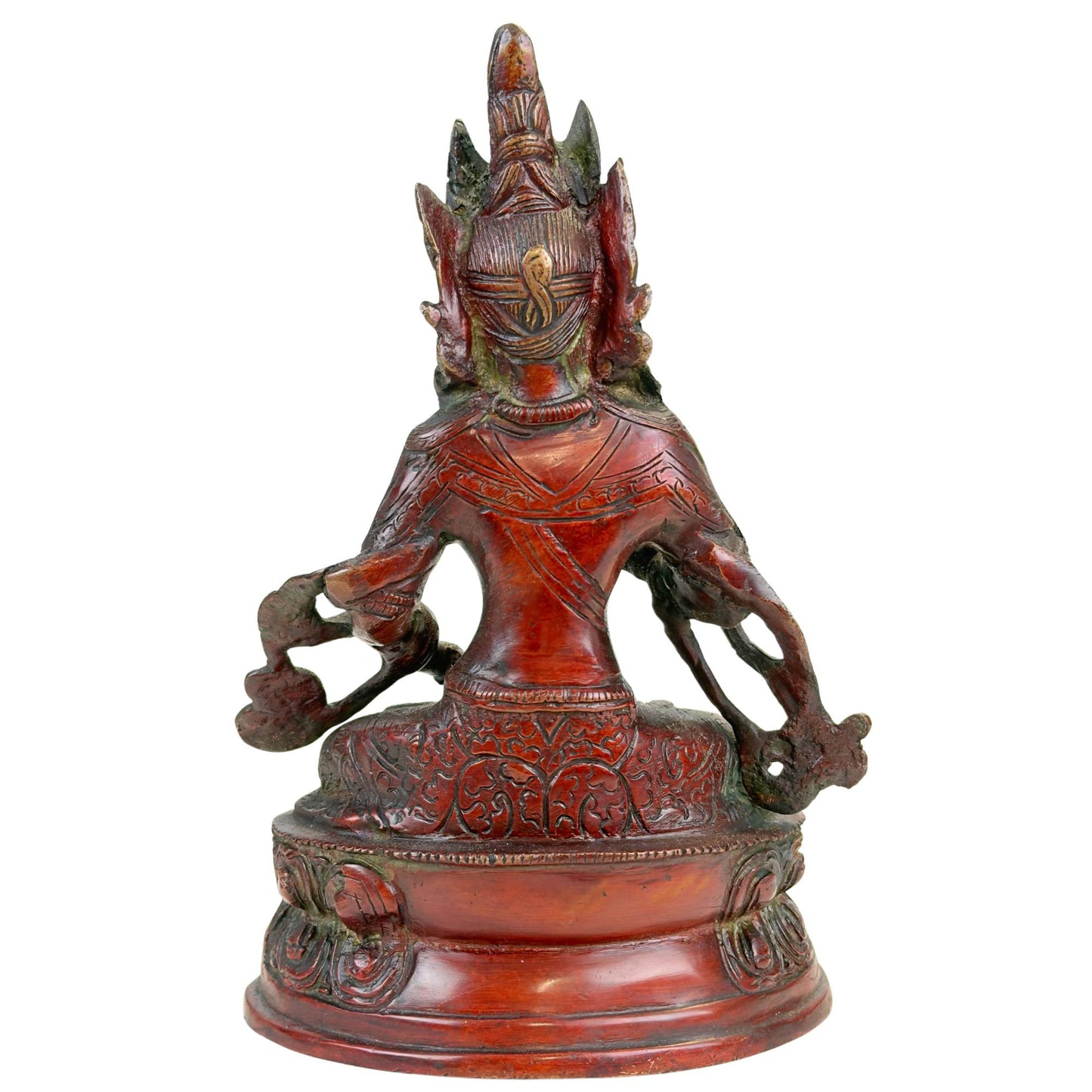 Rückseite einer Vajrasattva-Statue aus dem Himalaya mit rötlich-brauner Patina, dekorativen Details und natürlicher Kupferoxidation