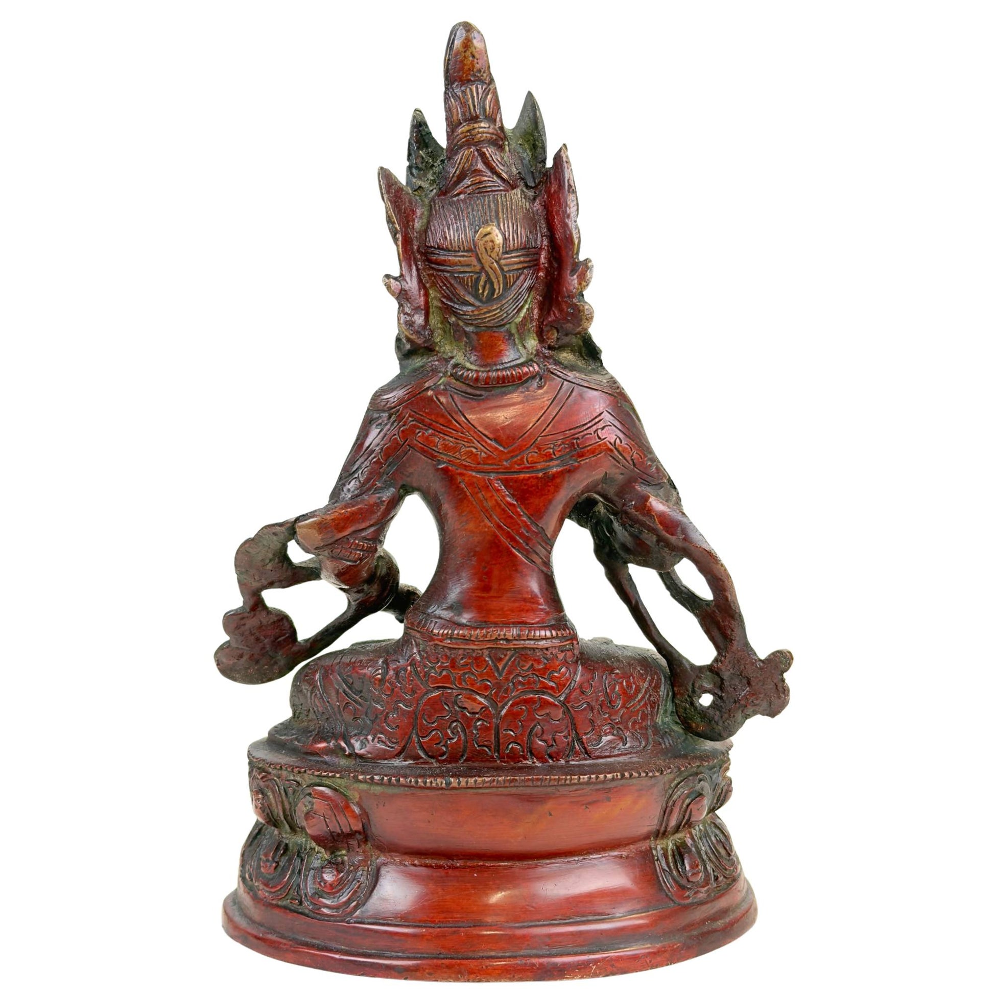Rückseite einer Vajrasattva-Statue aus dem Himalaya mit rötlich-brauner Patina, dekorativen Details und natürlicher Kupferoxidation