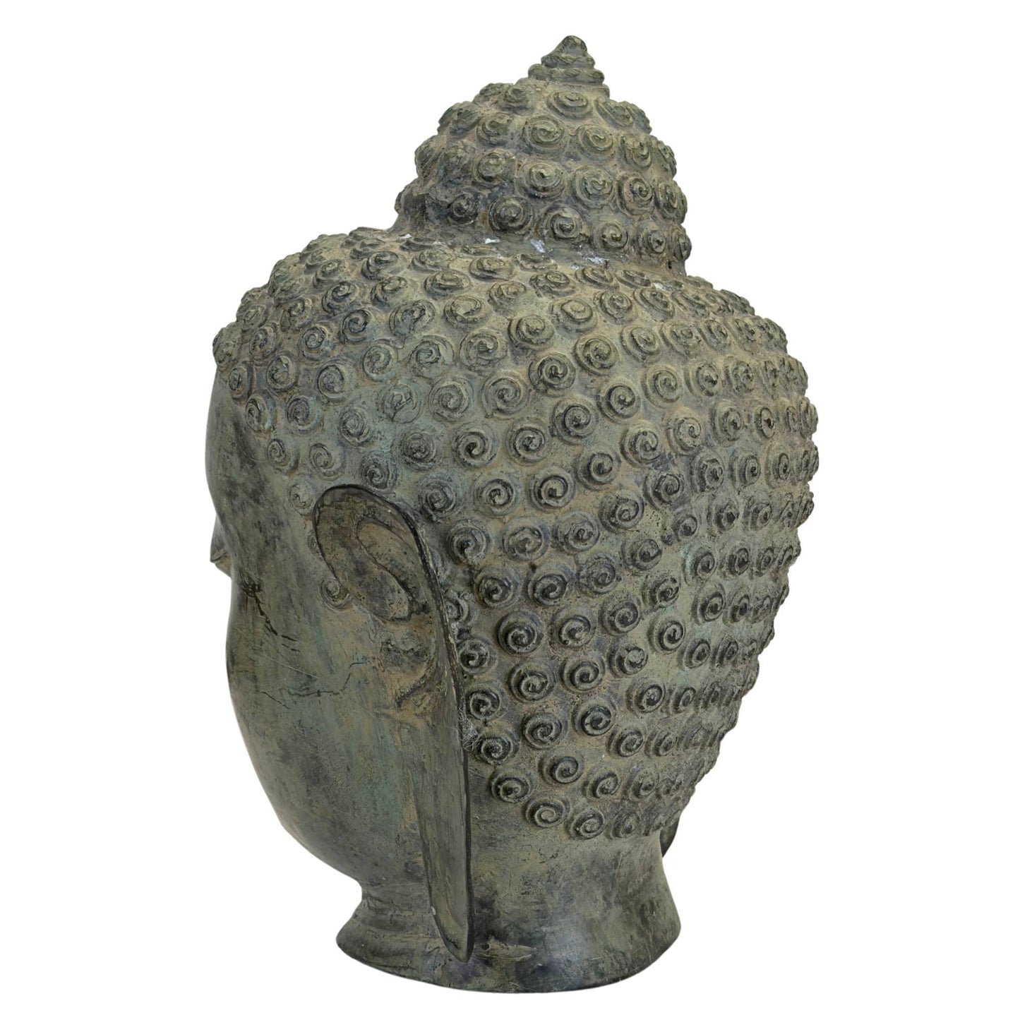 Grün patinierter Buddha-Kopf aus Bronze aus Thailand