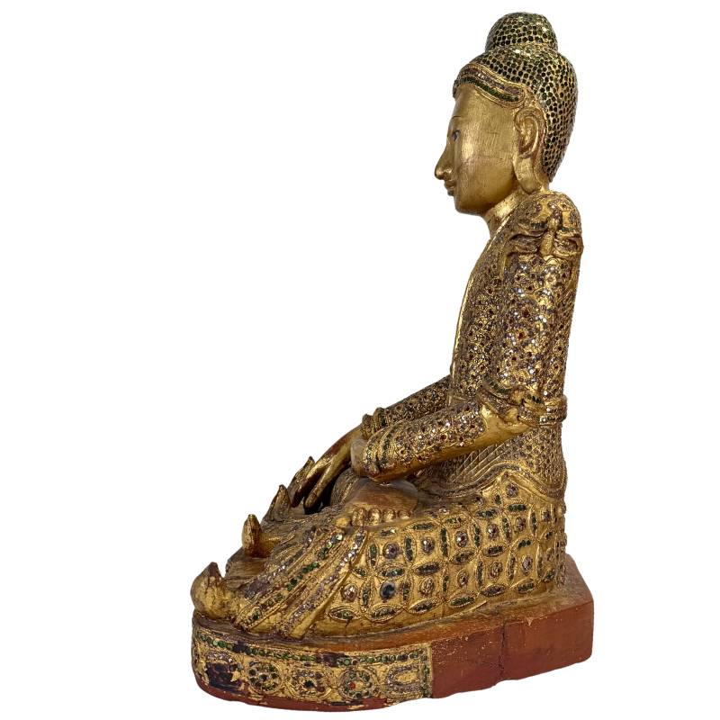 Vergoldete Buddha-Statue, handgefertigt, sichtbare Gebrauchsspuren