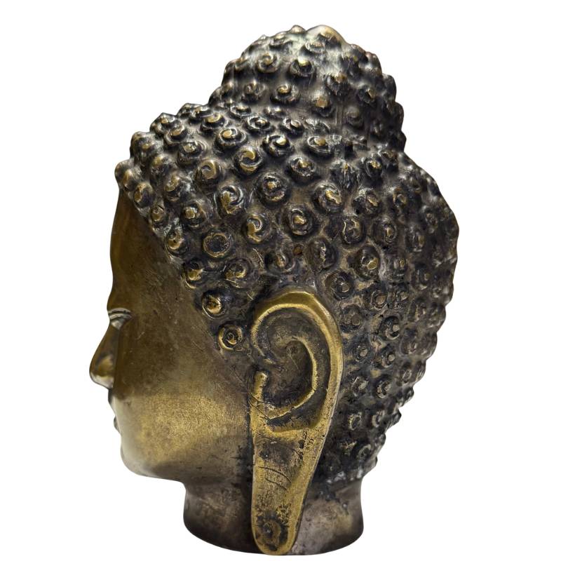 vergoldeter Buddha-Kopf aus Bronze aus Myanmar mit Gebrauchsspuren