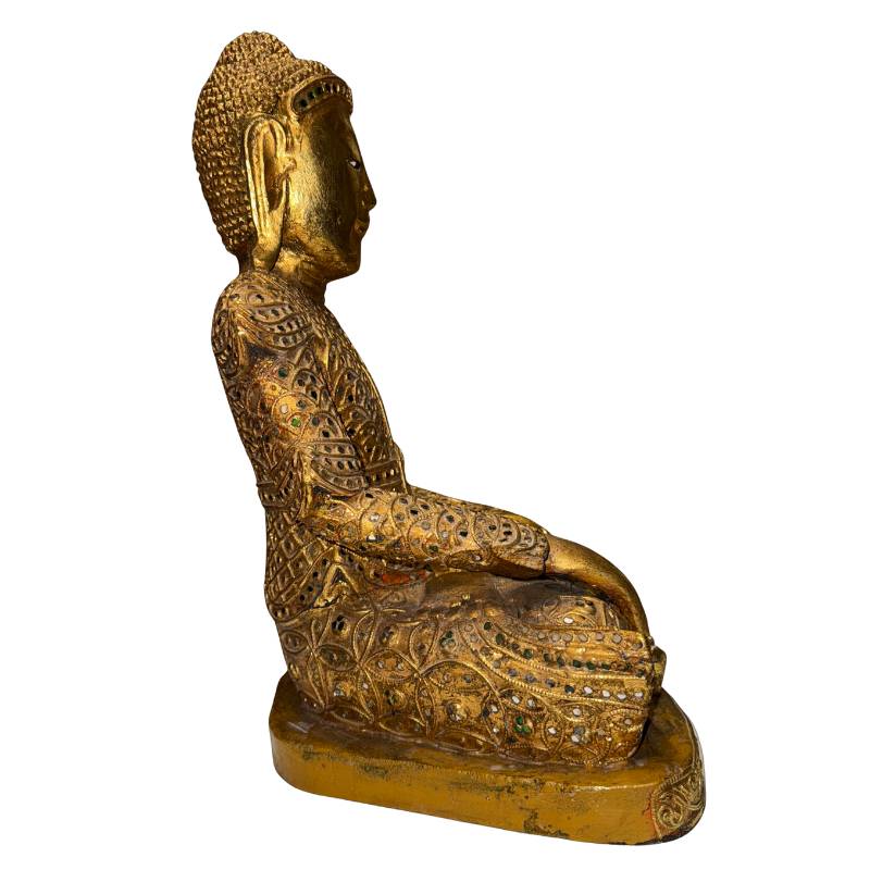 Vergoldete Buddha-Statue aus Holz aus Myanmar in Bhumisparsha-Mudra mit antikem Aussehen