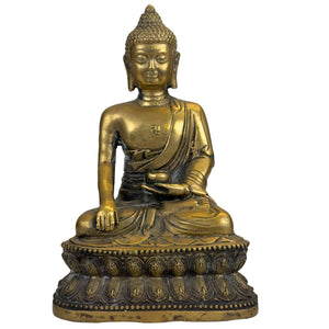 Vergoldeter Medizinbuddha auf Lotusthron – Bronzeskulptur im tibetischen Stil