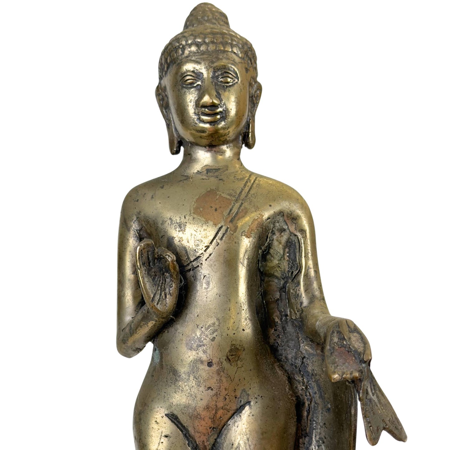 Einzigartige, verwitterte Buddha-Statue aus Bronze mit unverwechselbarem Aussehen.