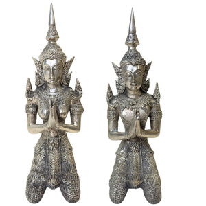 Versilbertes thailändisches Thepanom Engelpaar – Tempelwächter – 18 cm & 17 cm