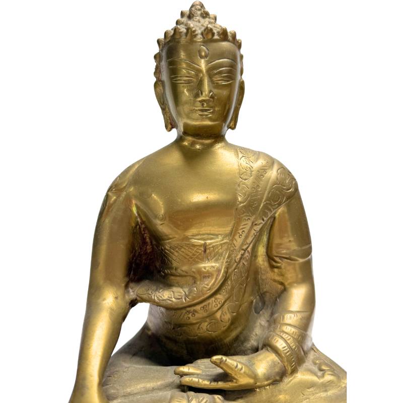 Historische buddhistische Kunst: Eine sitzende Darstellung des Shakyamuni Buddha aus Bronze-Messing.