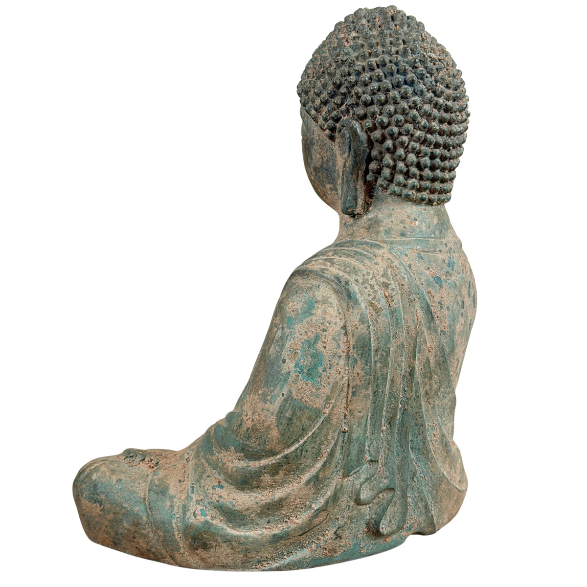 Dreiviertelansicht von hinten des Bronze-Buddhas, andere Seite