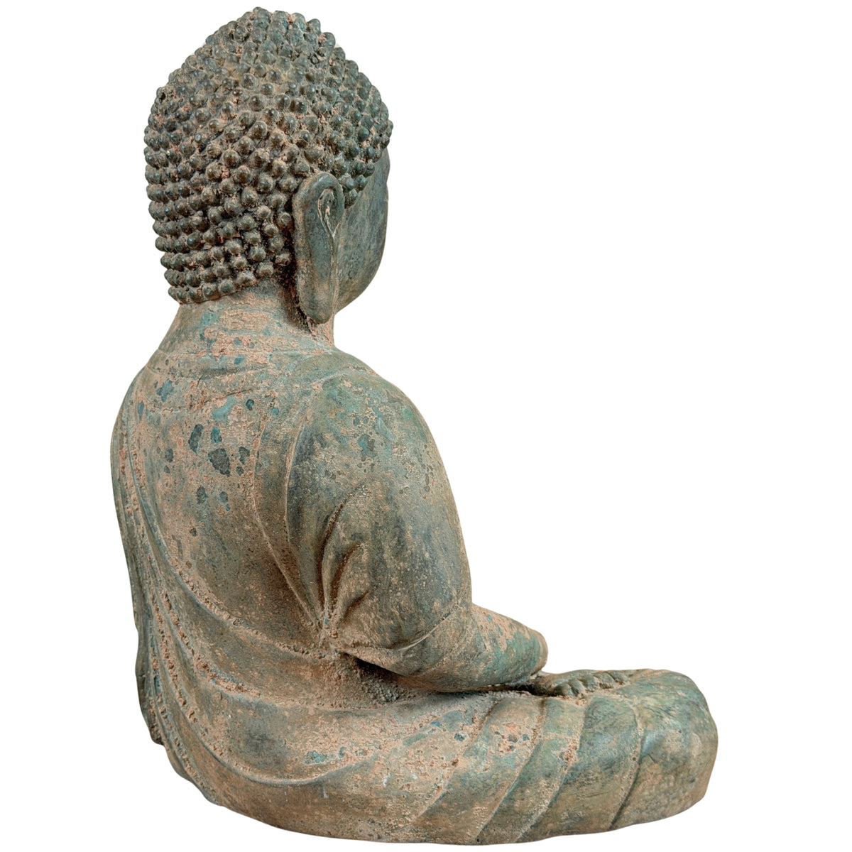 Dreiviertelansicht von hinten des sitzenden Bronze-Buddhas