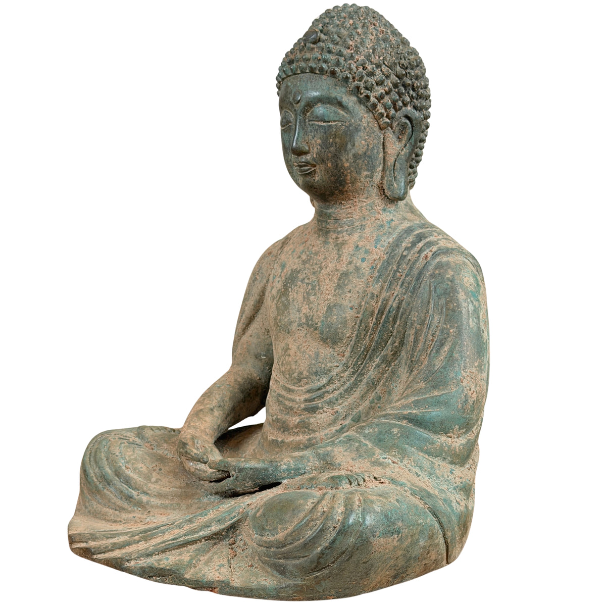 Dreiviertelansicht von vorn des Bronze-Buddhas, andere Seite