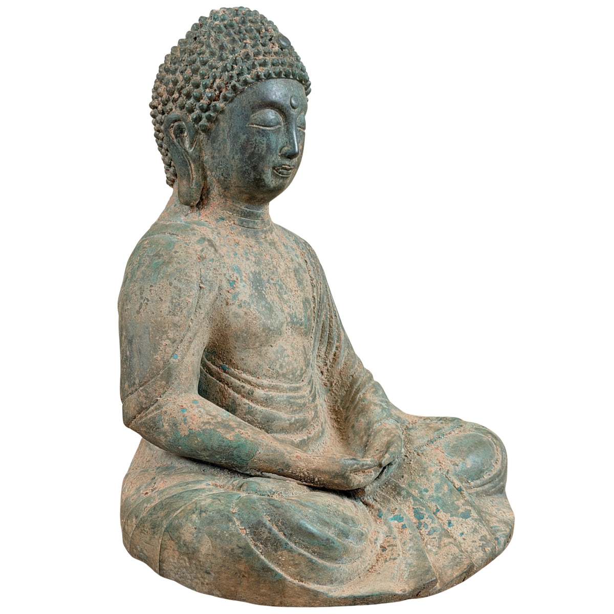 Dreiviertelansicht von vorn des sitzenden japanischen Bronze-Buddhas