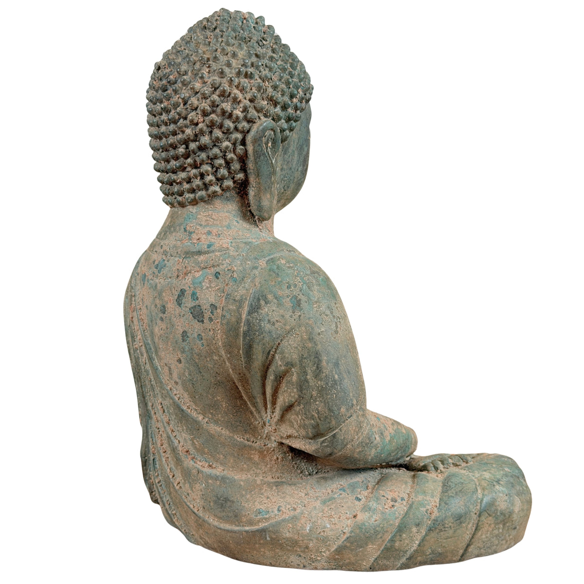 Schräge Rückansicht des Bronze-Buddhas mit Gewandfalten