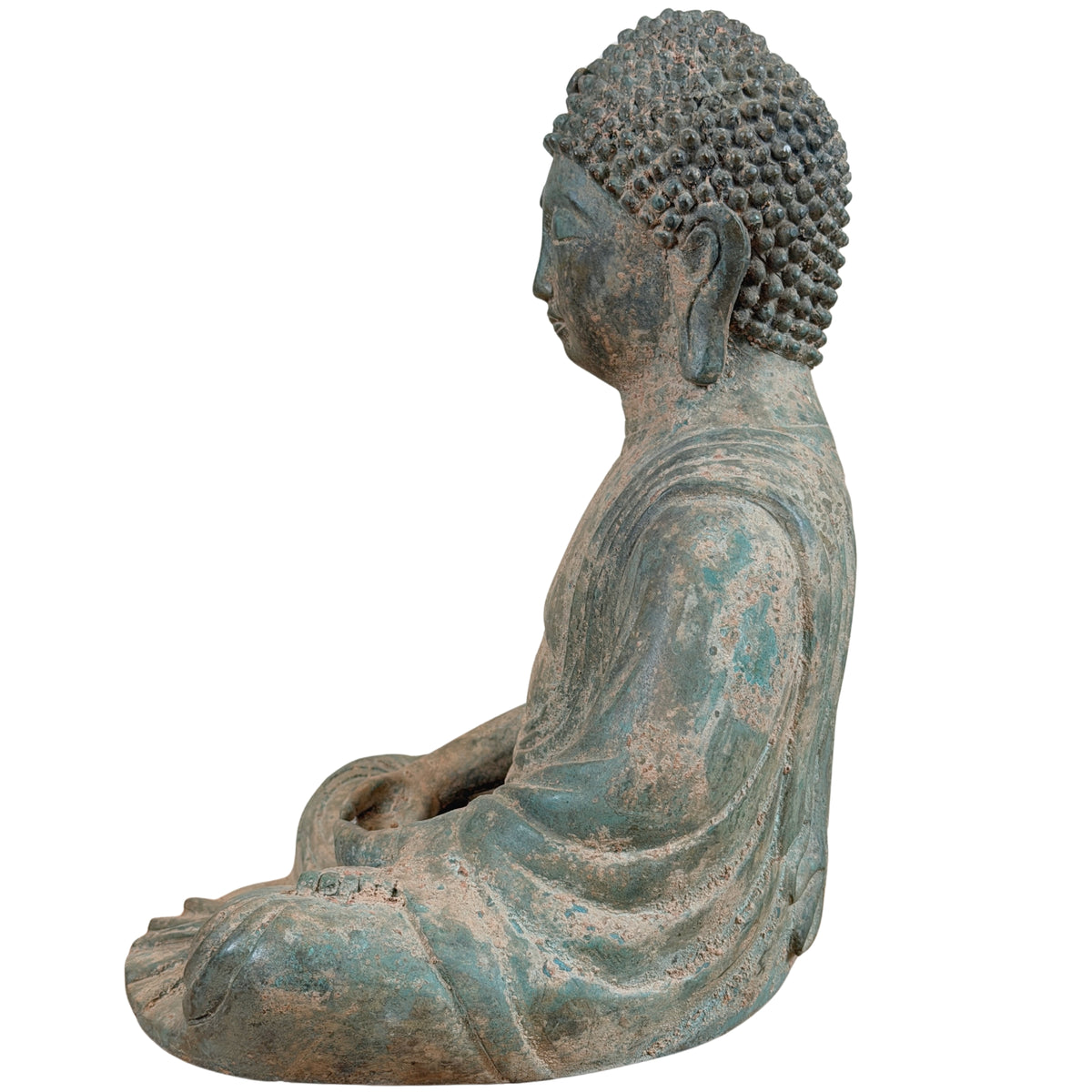 Seitenansicht des sitzenden Bronze-Buddhas, andere Seite