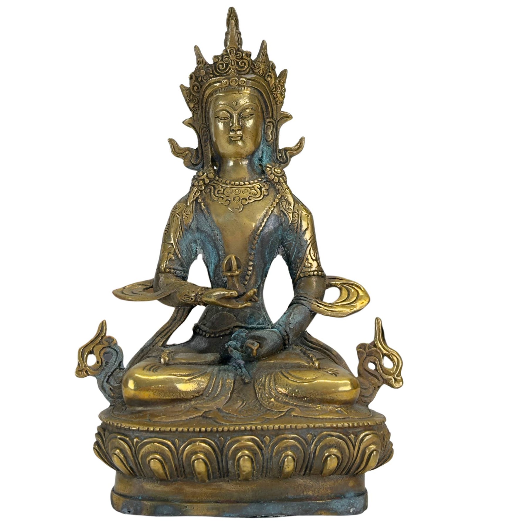 Vintage Messing‑Statue von Amitayus mit einer dekorativen Grünspan‑Patina