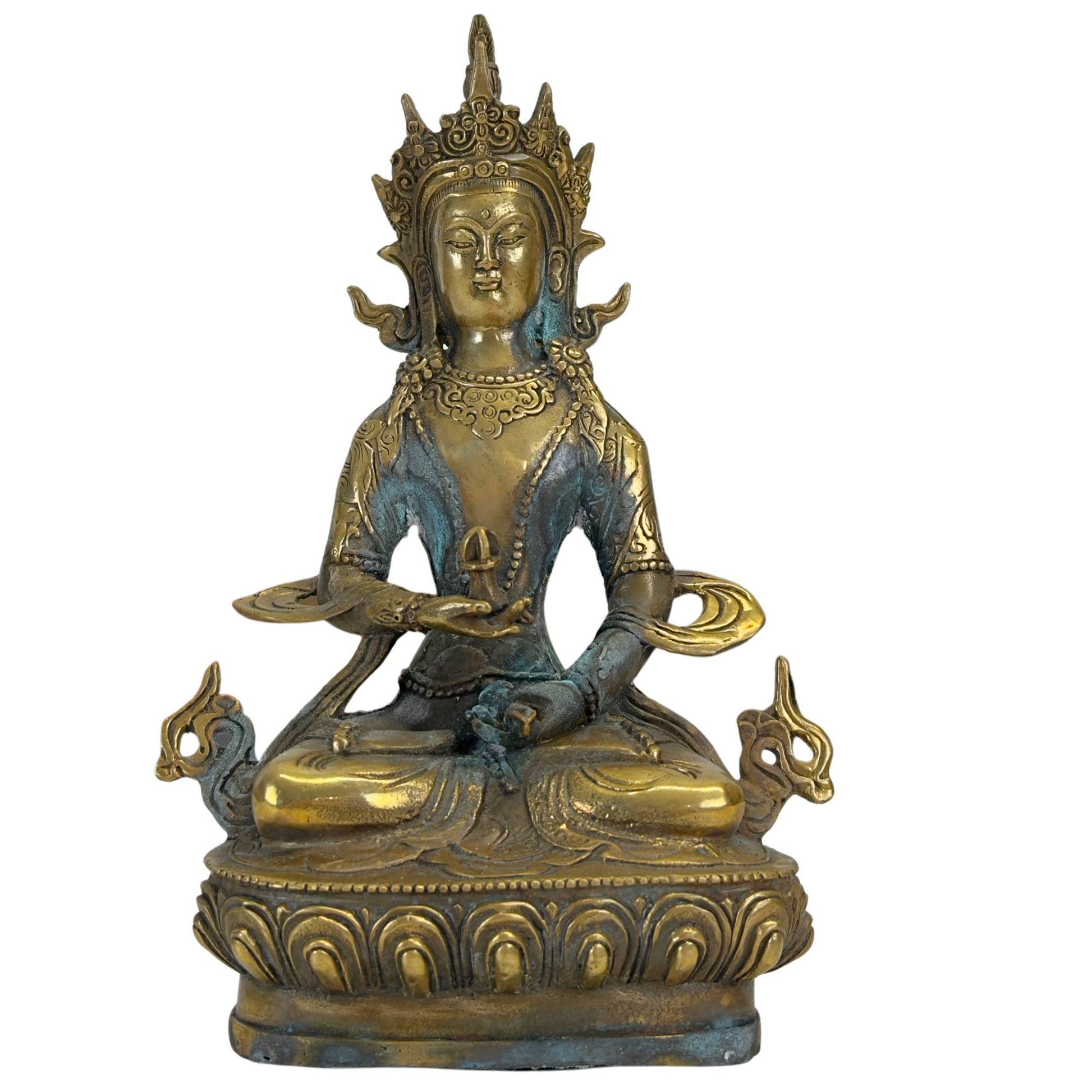 Vintage-Messingskulptur von Amitayus mit dekorativer Grünspan-Patina