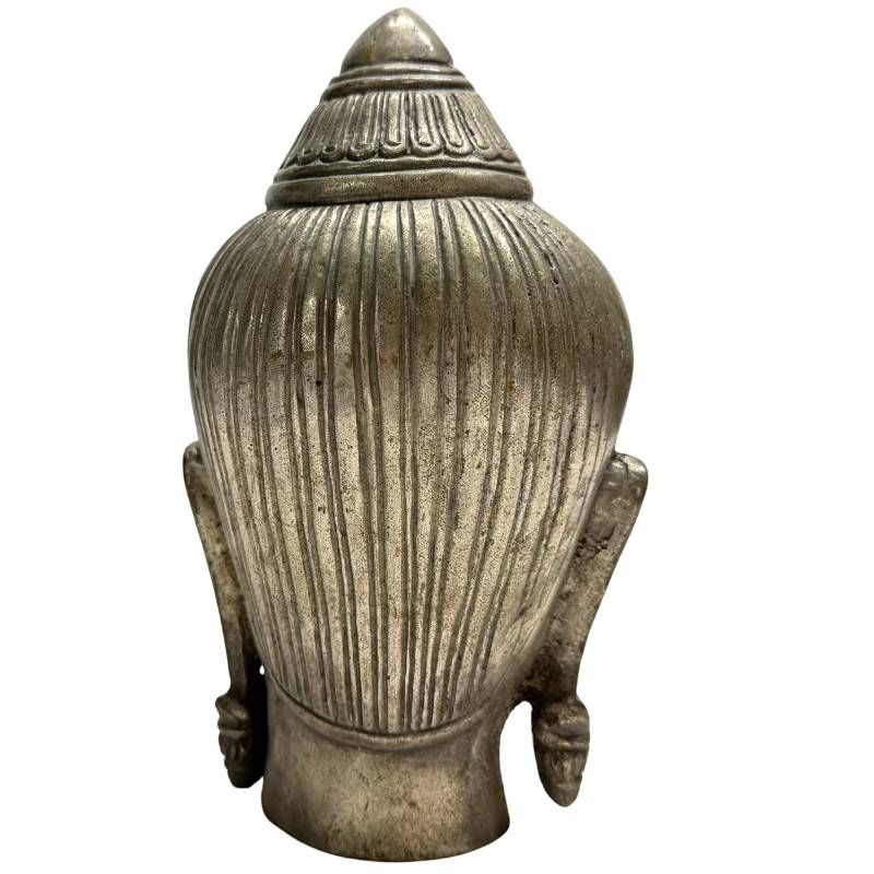 Rückseite einer massiven Buddha-Büste aus gegossenem Messing und Bronze aus Thailand, orientalische Mystik und beruhigende Innendekoration.