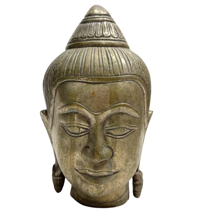 Vintage Thai bronzene Buddha‑Kopf in Sukhothai‑Stil, hochwertige Büsten‑Skulptur und asiatische Kunst für ein Zen‑Interieur oder Hausaltar.