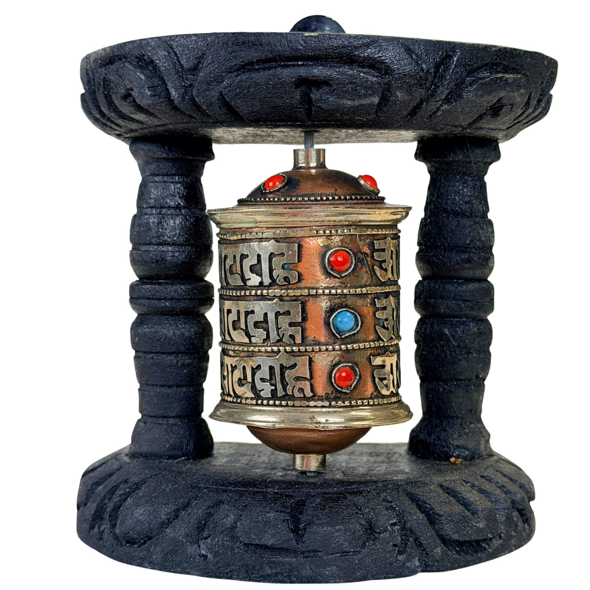 Vintage Tibetaans gebedswiel in zwart houten frame, voorzijde