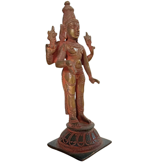 Detail einer antiken Vishnu-Bronzefigur mit geschichtetem rituellem Sindoor-Pulver unter dem Mikroskop