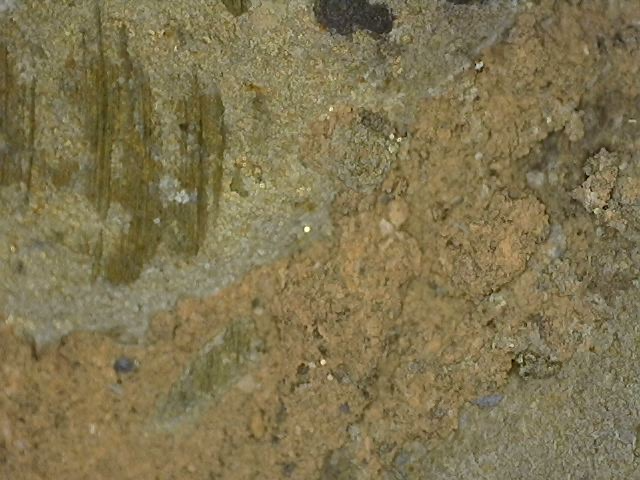Mikroskopische Aufnahme von Blattgoldfragmenten zwischen Cupritschichten auf einer Khmer-Bronzebüste von Vishnu
