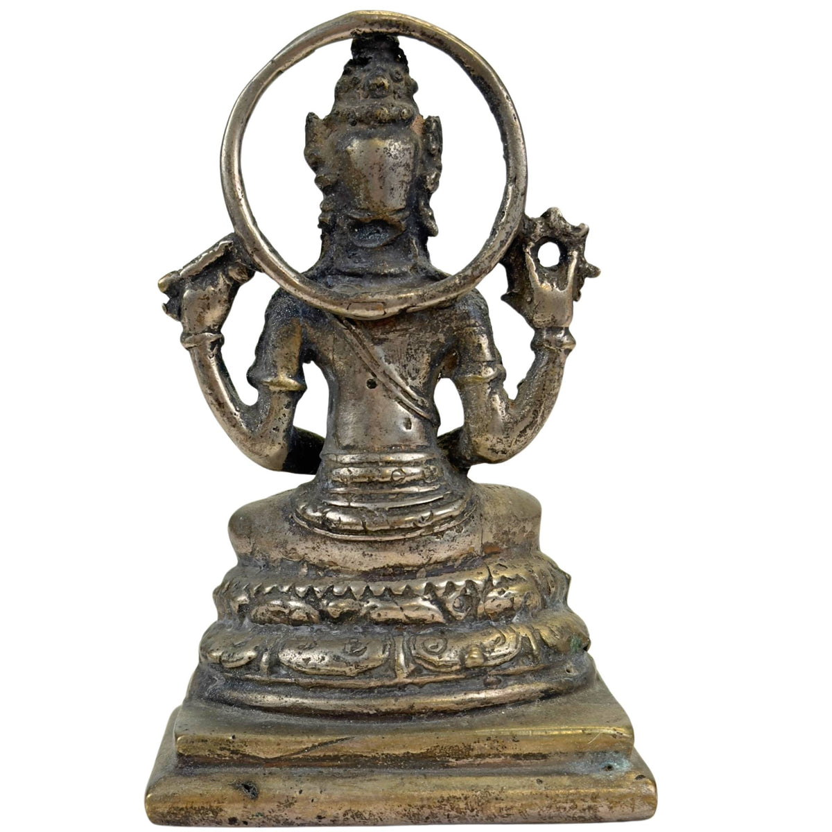 Bronze Vishnu with Sudarshana chakra and shankha shell, classic Hindu iconography from Indonesia