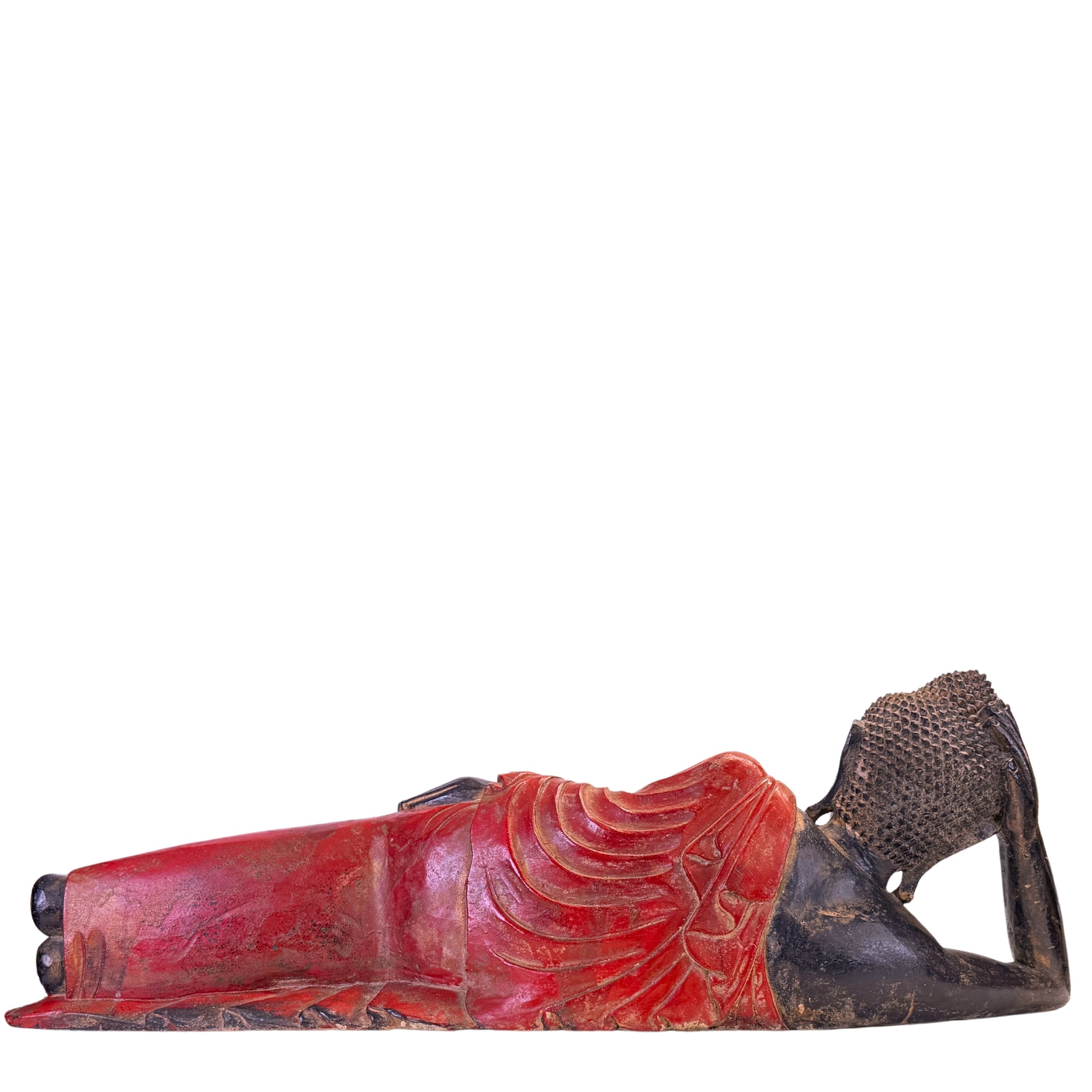 Vollständige Rückansicht des 102 cm langen burmesischen liegenden Buddha