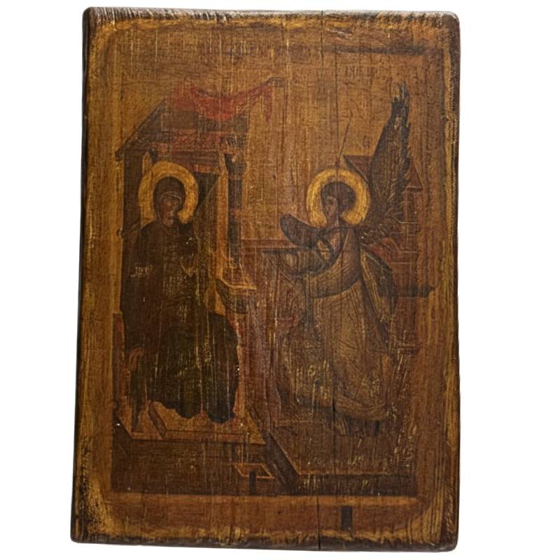 Russisch-orthodoxe Ikone „Verkündigung an die Mutter Gottes“, handgemalt, 19. Jahrhundert