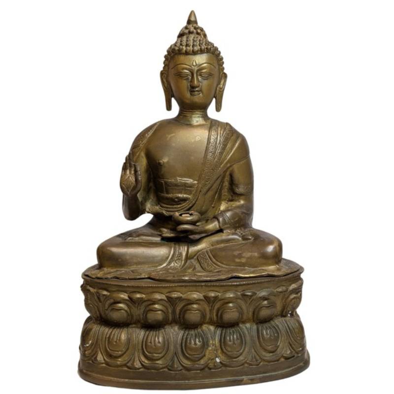 Feuervergoldete Buddha-Statue aus Bronze aus Tibet, 17.–18. Jahrhundert
