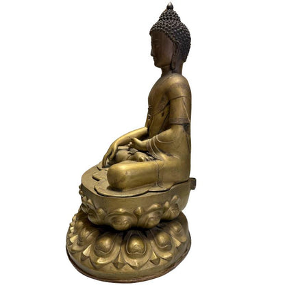 Feuervergoldeter Himalaya‑Buddha aus Bronze, großformatig mit Patina