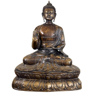 Monumentale antike feuervergoldete Bronze Shakyamuni Buddha Statue – Kasaya-Reisfeldgewand – 18. Jahrhundert – 69 cm / 27,00 kg