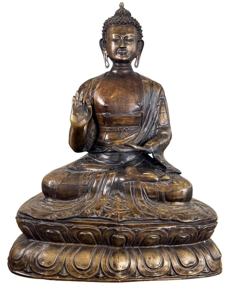 Monumentale antike feuervergoldete Bronze Shakyamuni Buddha Statue – Kasaya-Reisfeldgewand – 18. Jahrhundert – 69 cm / 27,00 kg