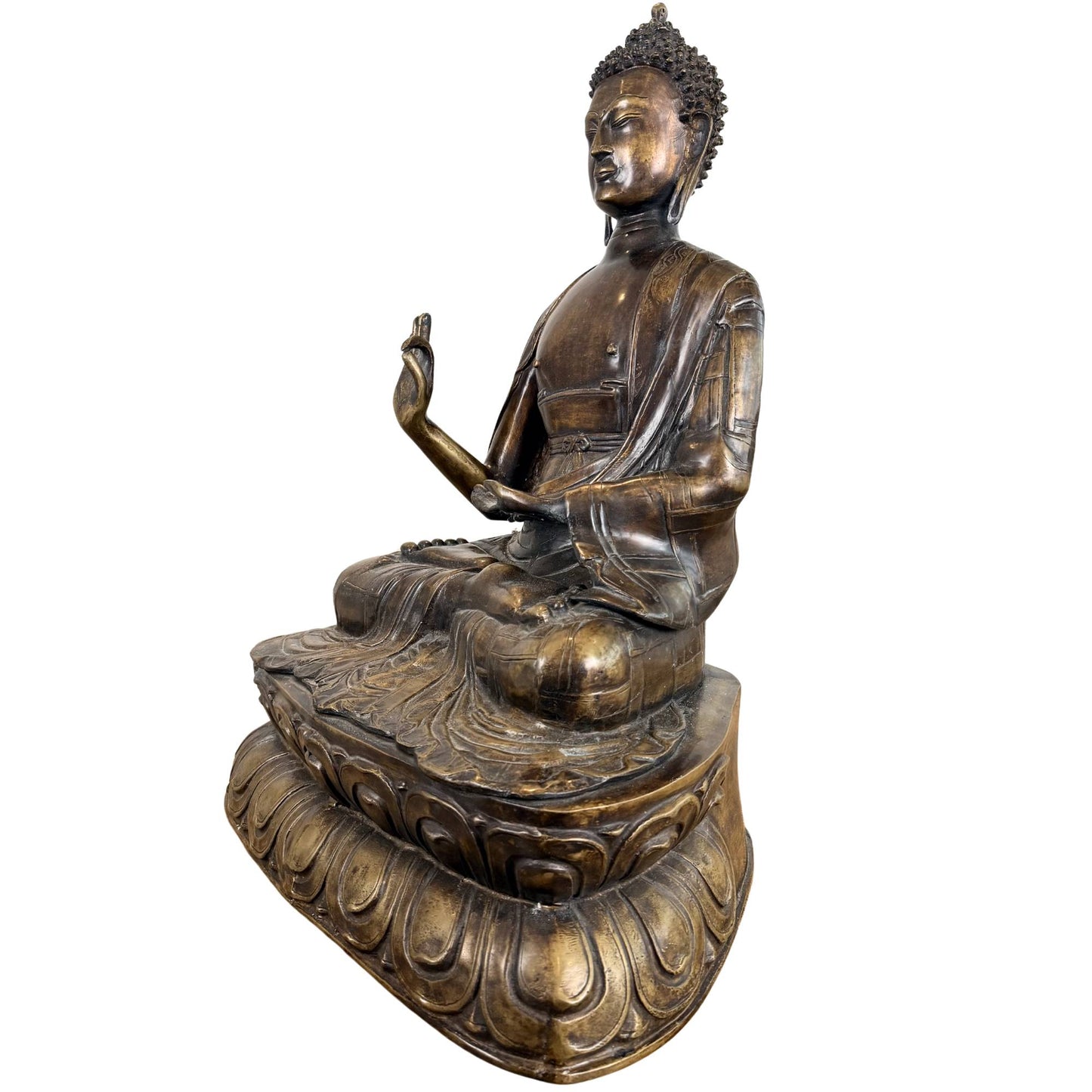 Großer, feuervergoldeter Buddha aus Bronze aus dem 18. oder 19. Jahrhundert mit Abhaya-Mudra, doppeltem Lotussockel und schwerer Tempelqualität.