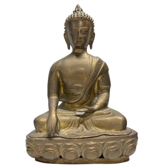 Feuervergoldete Buddha-Statue aus Bronze aus dem Himalaya, 18./19. Jahrhundert, Bhumisparsha-Mudra