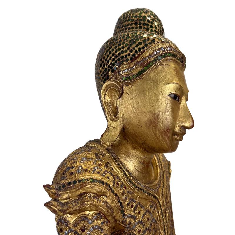 Seltene, vergoldete Buddha-Statue aus Holz mit Intarsien, alte Lackierung sichtbar