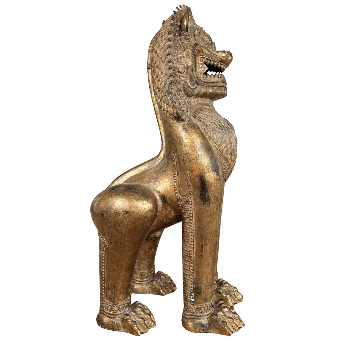 Seltener Singha-Tempellöwe aus Thailand, monumentale vergoldete buddhistische Wächterstatue