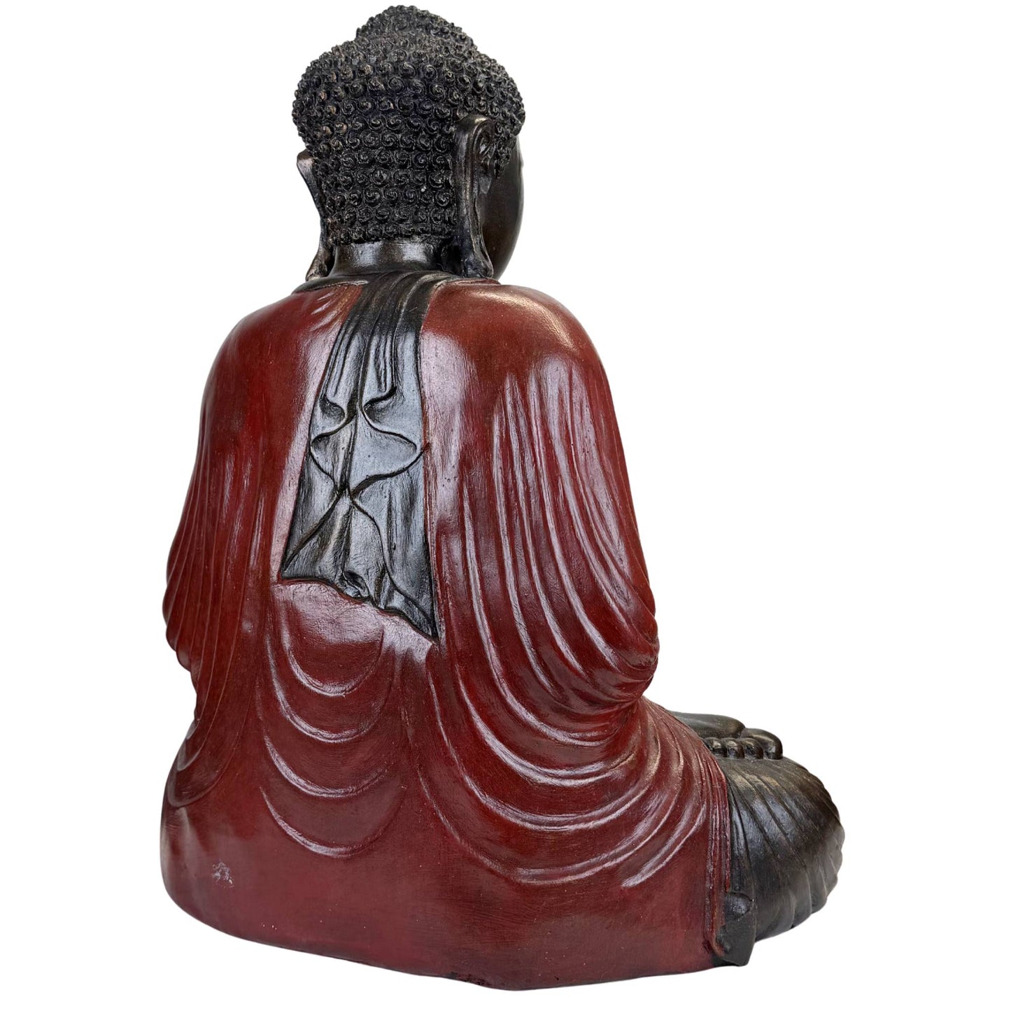 Zen-Buddha-Statue aus Kunstharz mit rot-schwarzer Lackierung und klassischem Aussehen.
