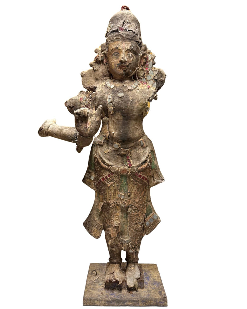 Monumentales südindisches Venugopala-Krishna-Tempelbild – 18. Jahrhundert – Holz mit Polychromie und Glasdekoration – 90 cm