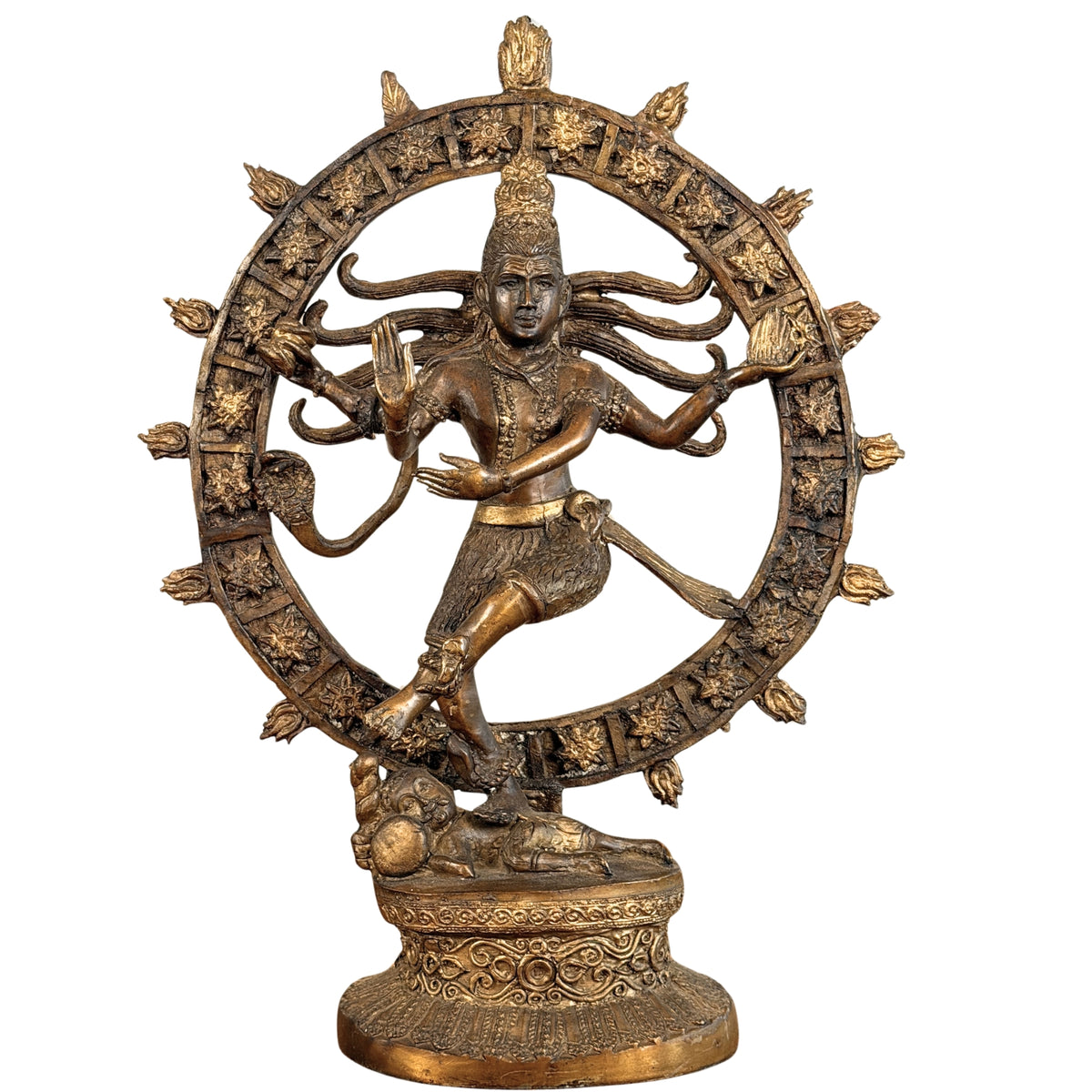 Südindischer Nataraja aus Bronze im Flammenkranz auf einem Sockel mit Rollwerk, Vorderansicht
